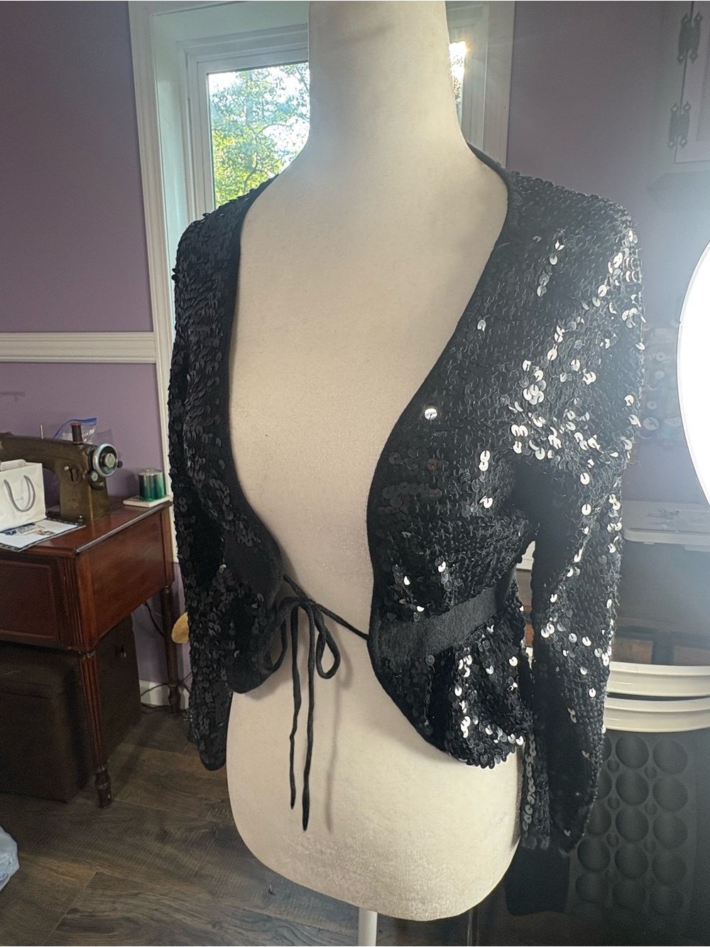 bebe Black Sequin Tie-Front Bolero